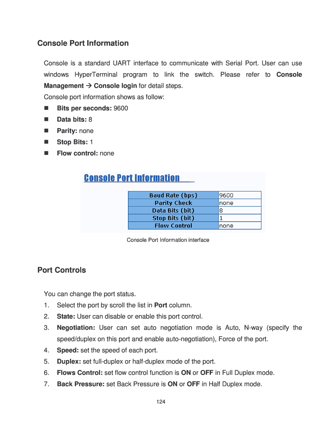 Transition Networks MIL-SM2401MAF manual Console Port Information, Port Controls 