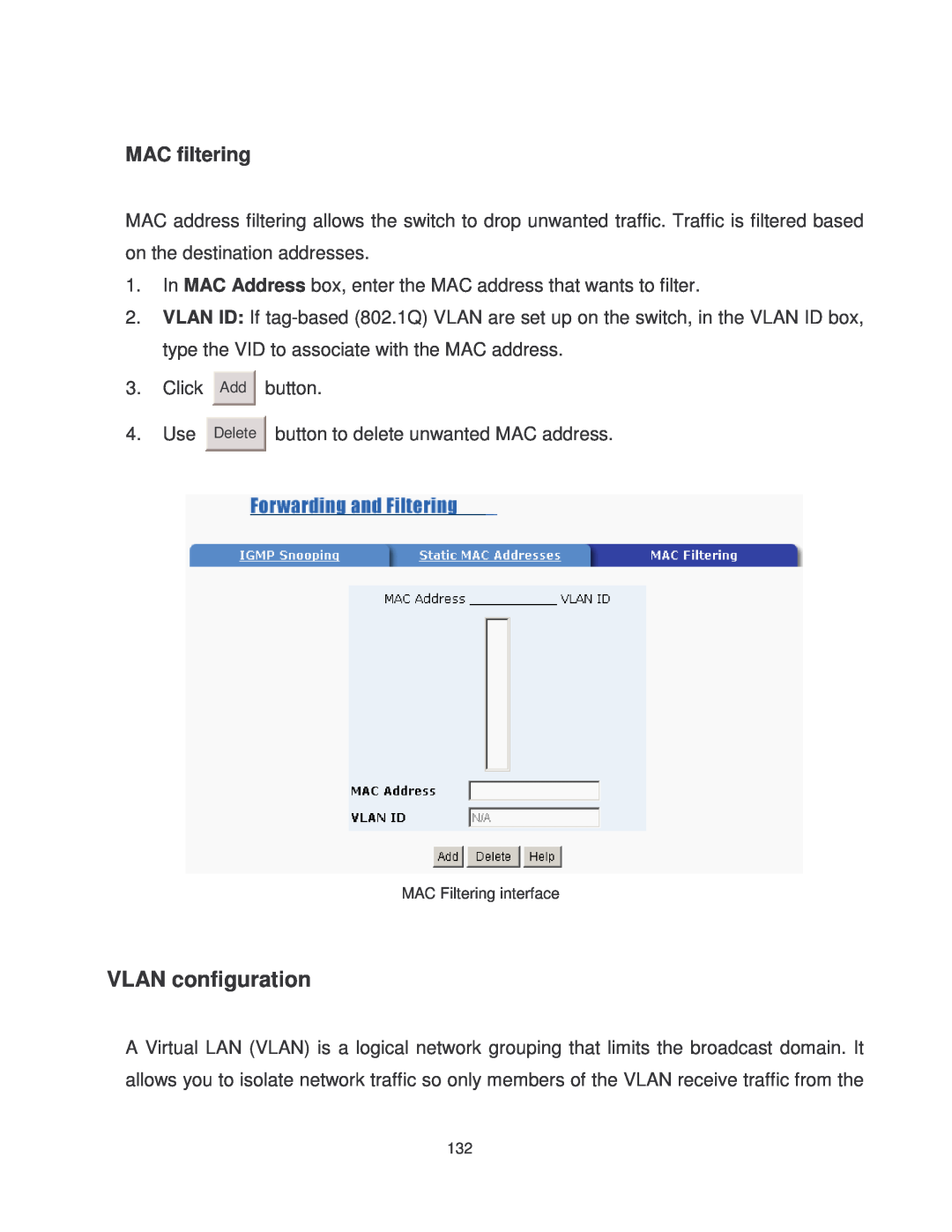 Transition Networks MIL-SM2401MAF manual VLAN configuration, MAC filtering 