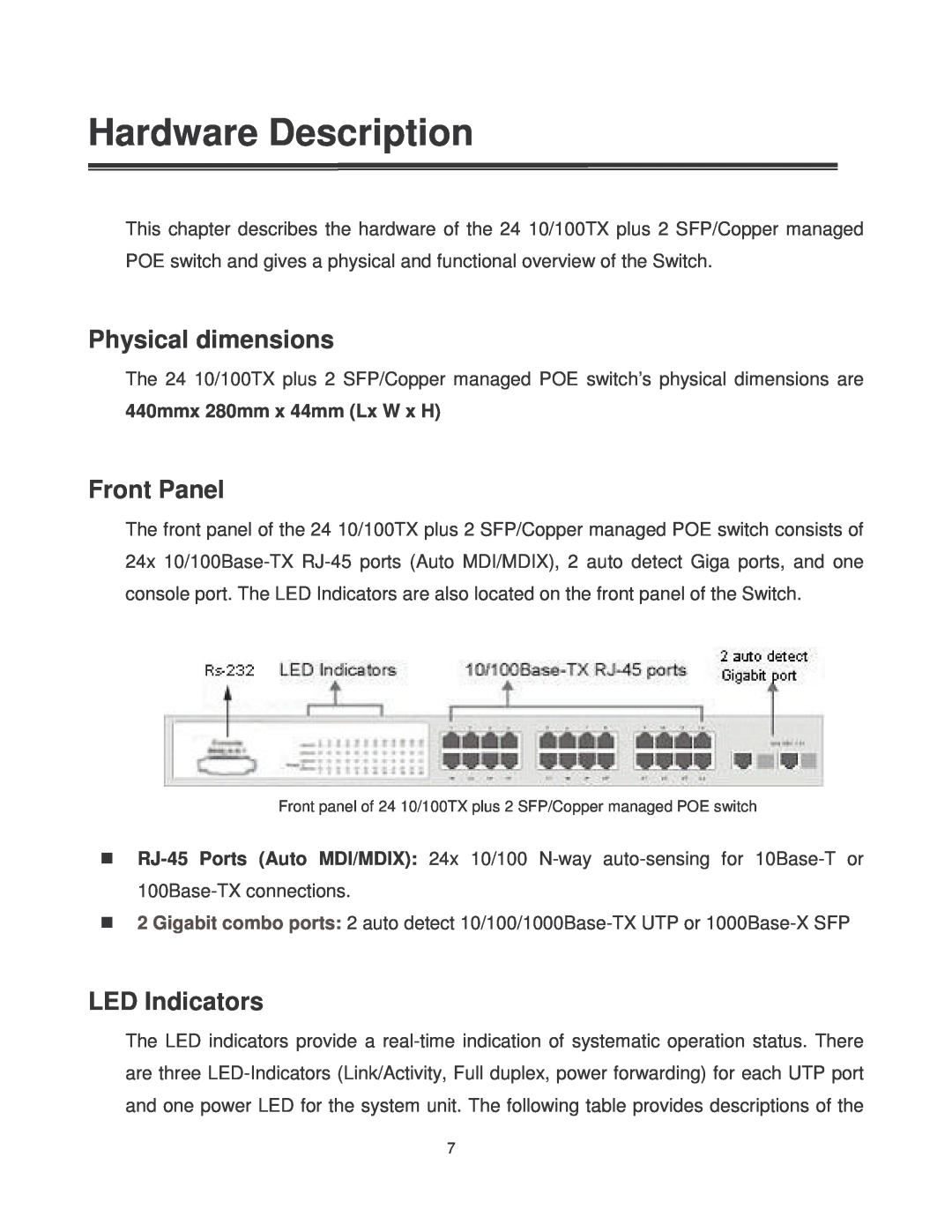 Transition Networks MIL-SM2401MAF manual Hardware Description, Physical dimensions, Front Panel, LED Indicators 