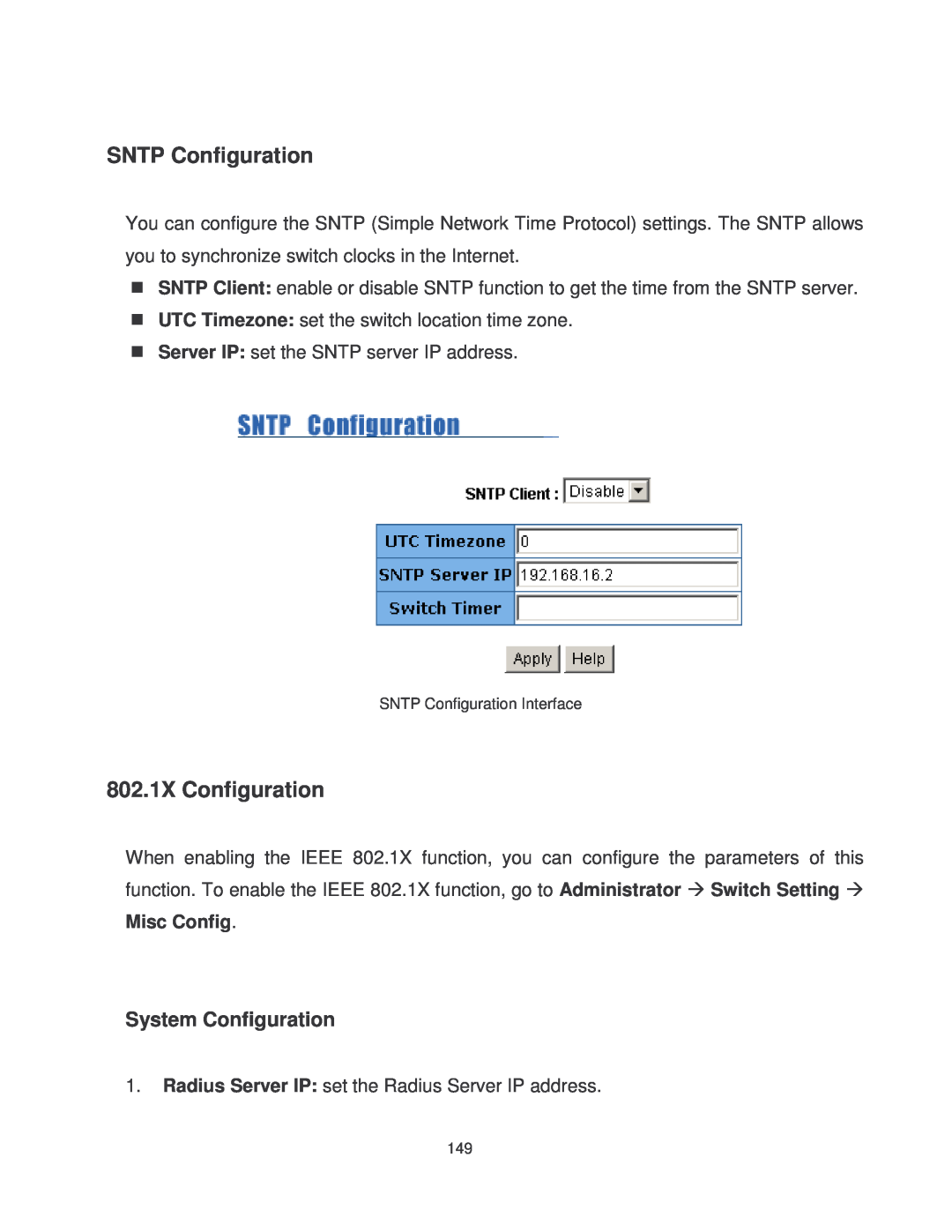 Transition Networks MIL-SM2401MAF manual SNTP Configuration, 802.1X Configuration, System Configuration 