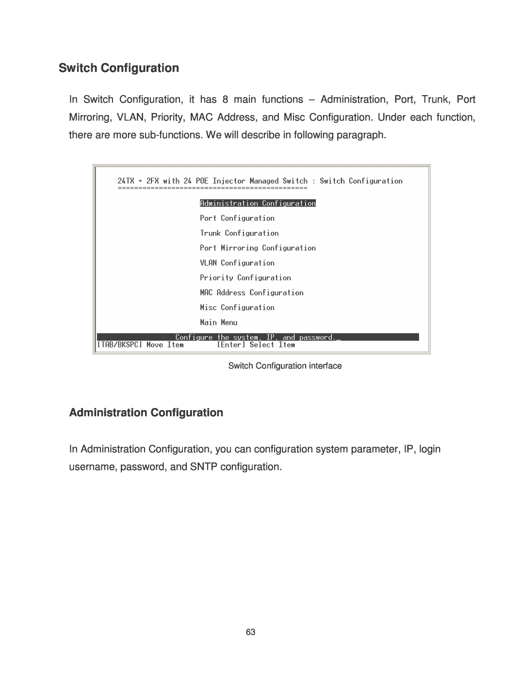 Transition Networks MIL-SM2401MAF manual Switch Configuration, Administration Configuration 