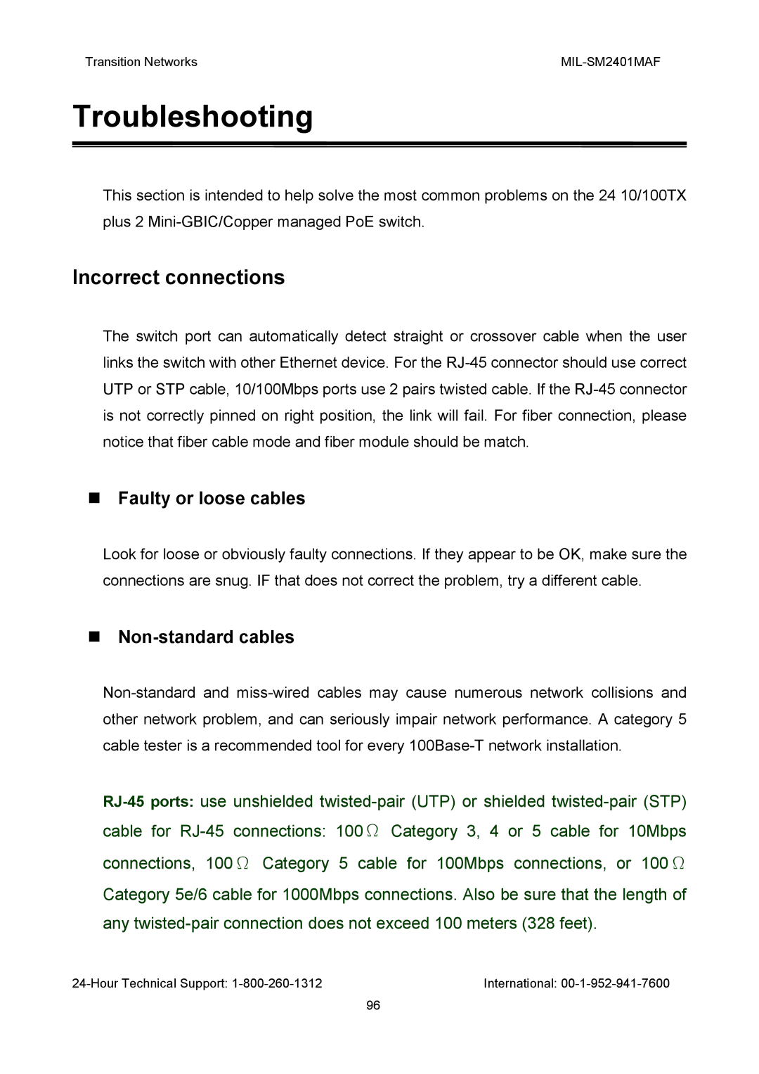 Transition Networks MIL-SM2401MAF manual Incorrect connections, Faulty or loose cables, Non-standard cables 