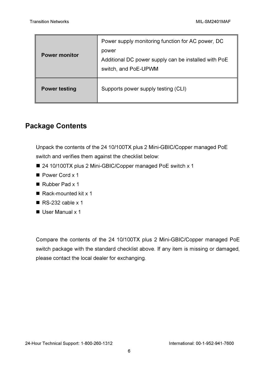 Transition Networks MIL-SM2401MAF manual Package Contents 