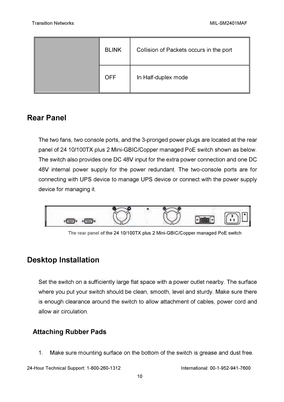 Transition Networks MIL-SM2401MAF manual Rear Panel, Desktop Installation, Attaching Rubber Pads 