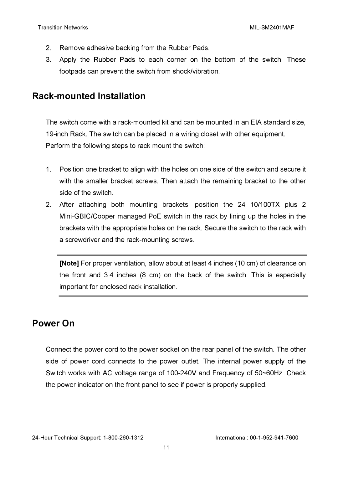 Transition Networks MIL-SM2401MAF manual Rack-mounted Installation, Power On 