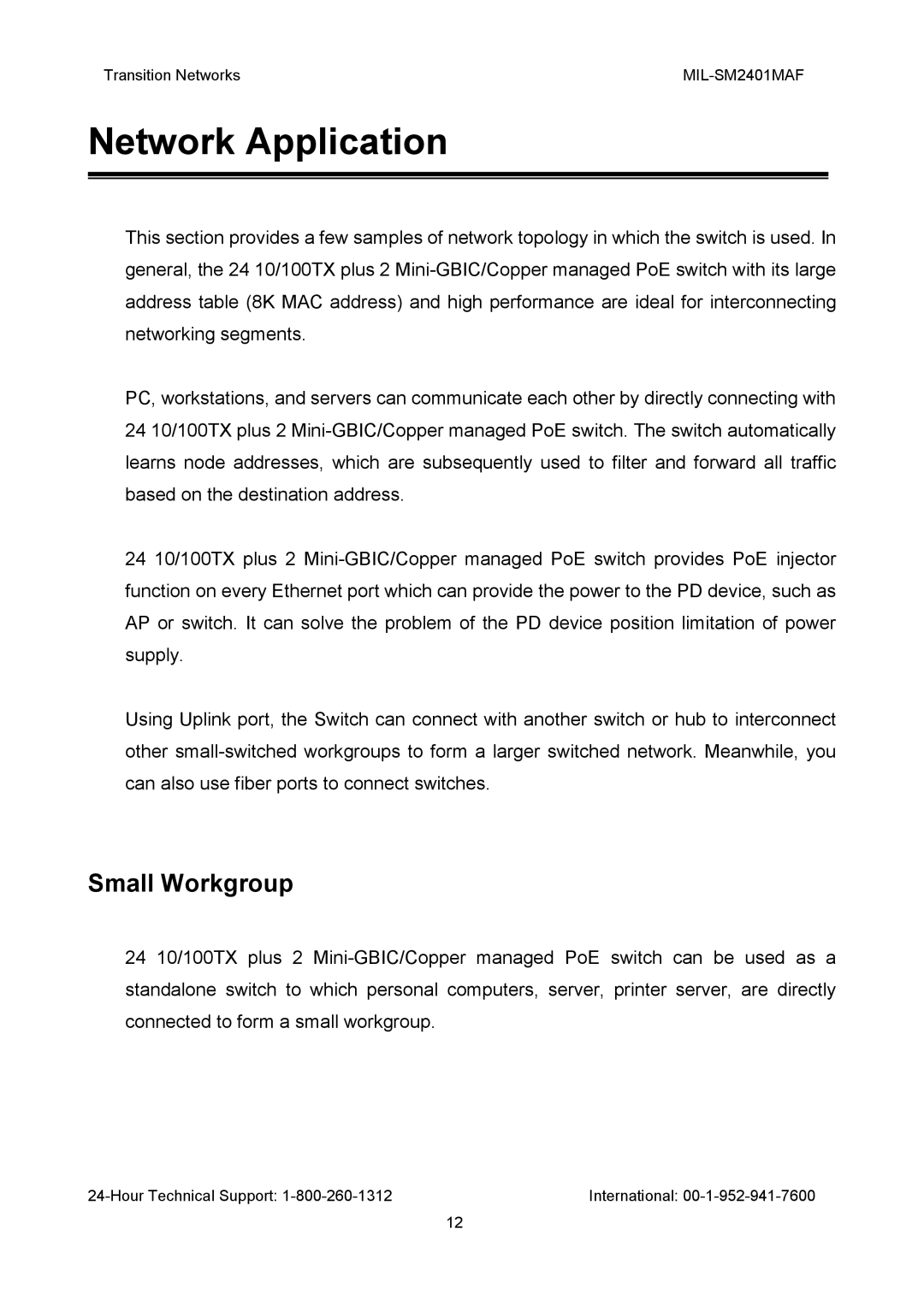 Transition Networks MIL-SM2401MAF manual Network Application, Small Workgroup 