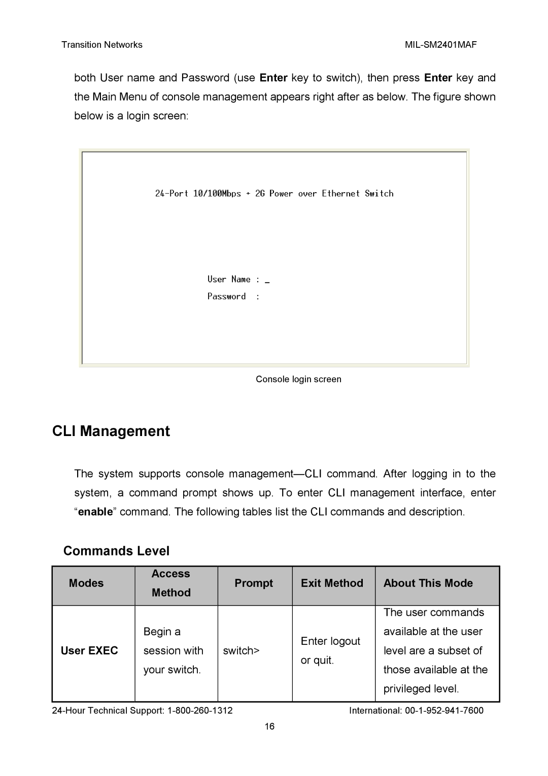 Transition Networks MIL-SM2401MAF manual CLI Management, Commands Level, Modes Access Prompt Exit Method About This Mode 