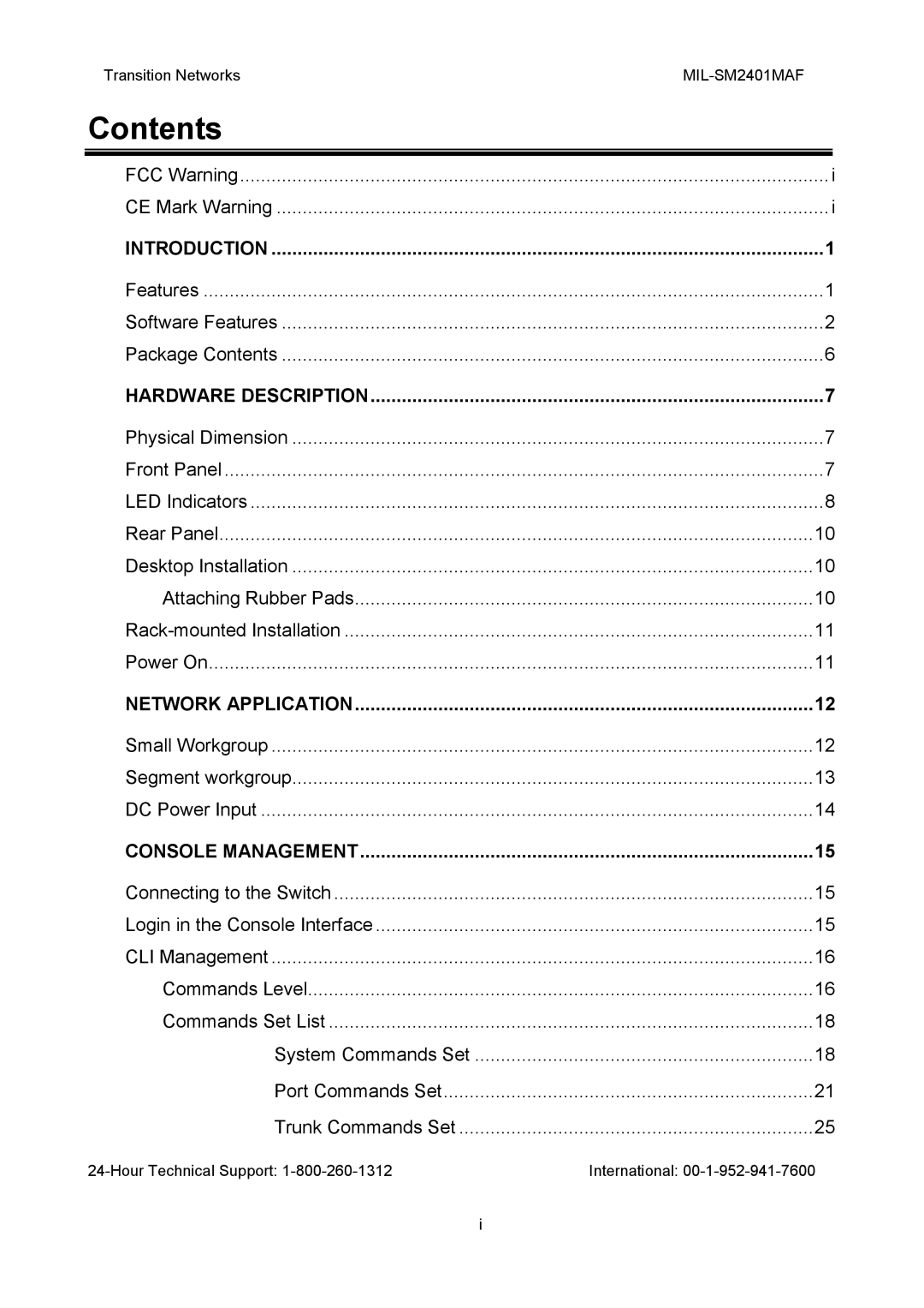 Transition Networks MIL-SM2401MAF manual Contents 