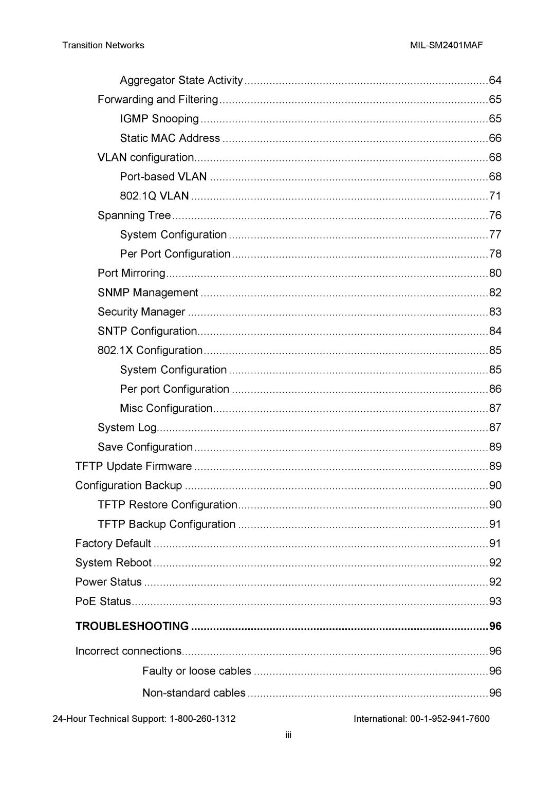 Transition Networks MIL-SM2401MAF manual Hour Technical Support International Iii 