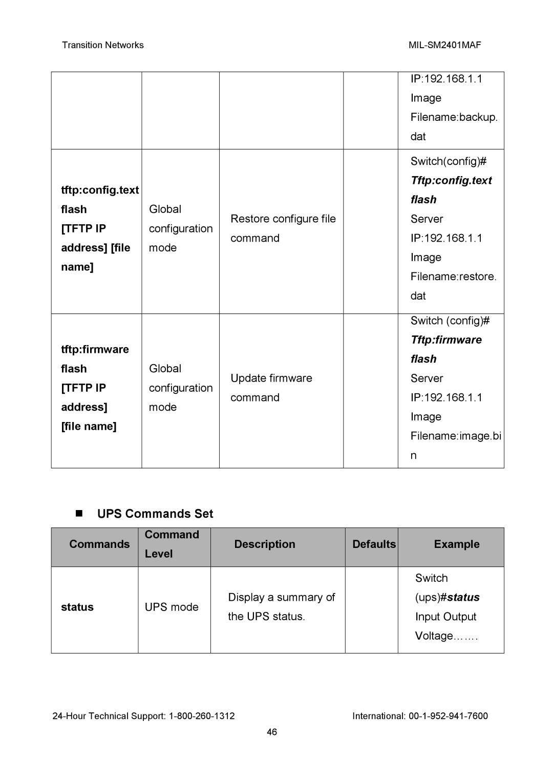 Transition Networks MIL-SM2401MAF manual UPS Commands Set, Tftpconfig.text, Flash, Tftp IP, Tftpfirmware 