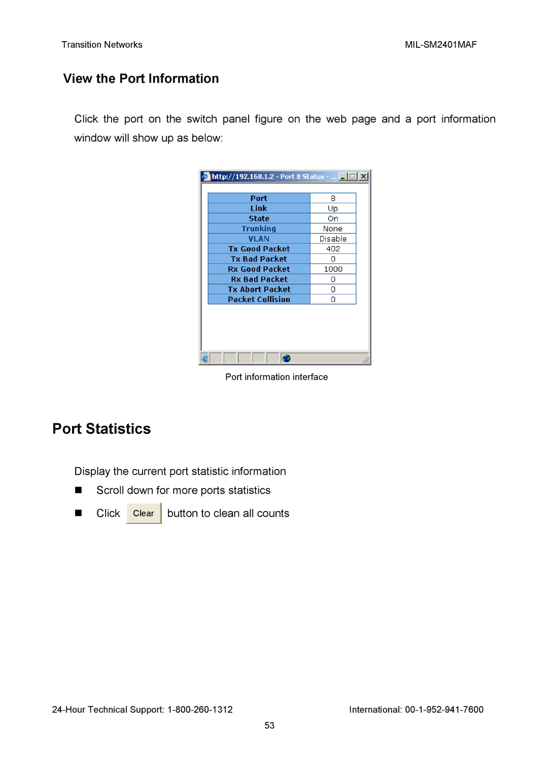 Transition Networks MIL-SM2401MAF manual Port Statistics, View the Port Information 