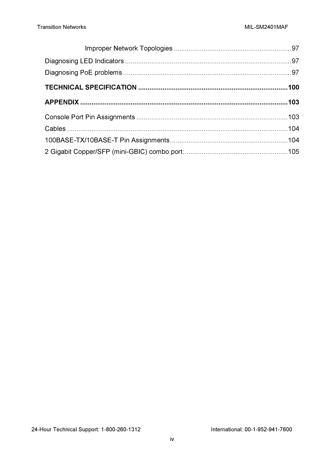 Transition Networks MIL-SM2401MAF manual 100, Appendix, 103 