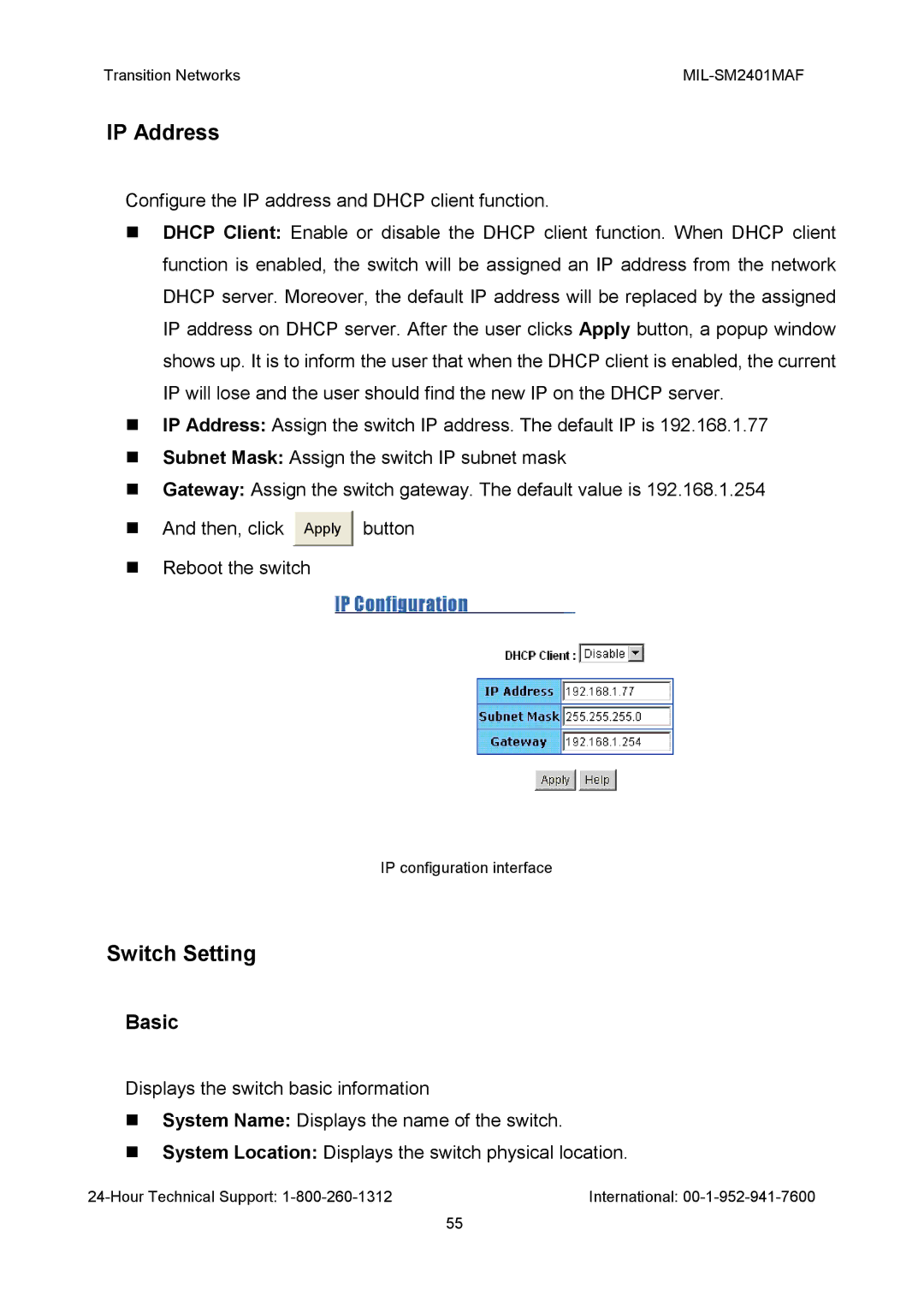 Transition Networks MIL-SM2401MAF manual IP Address, Switch Setting, Basic 