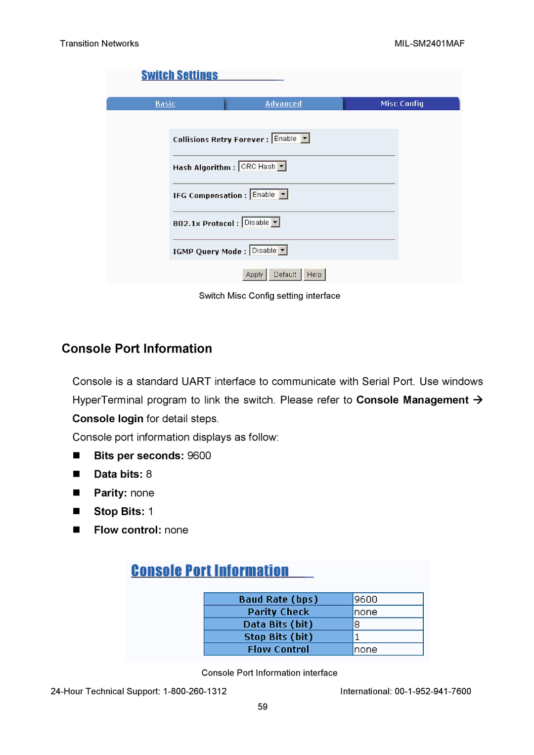 Transition Networks MIL-SM2401MAF manual Console Port Information 