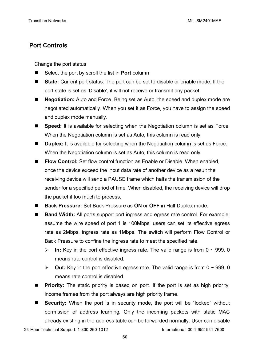 Transition Networks MIL-SM2401MAF manual Port Controls 