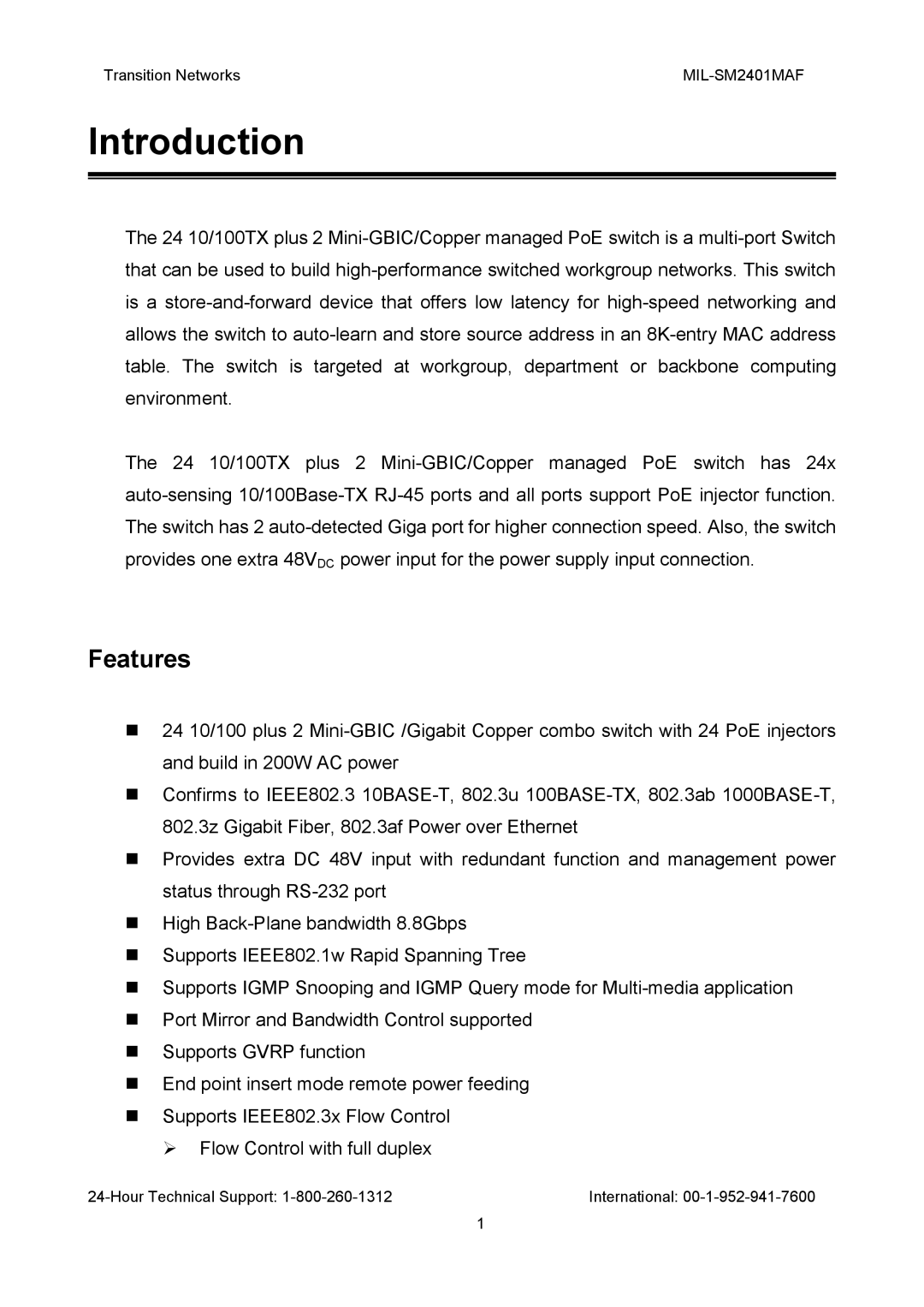 Transition Networks MIL-SM2401MAF manual Introduction, Features 