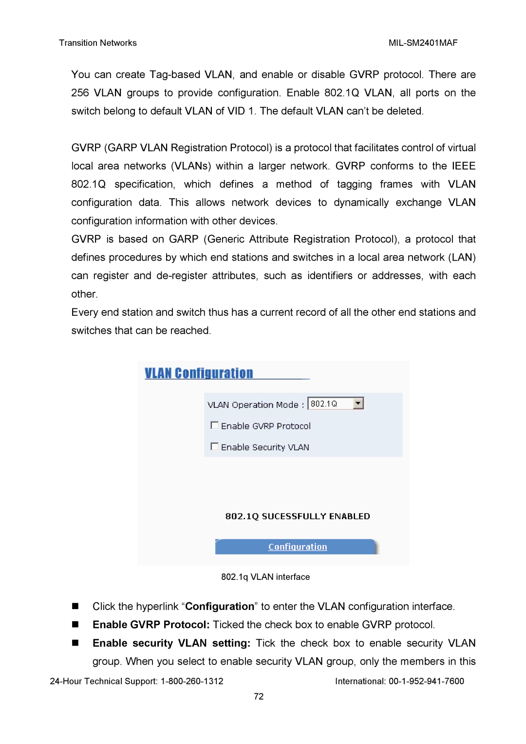 Transition Networks MIL-SM2401MAF manual 802.1q Vlan interface 