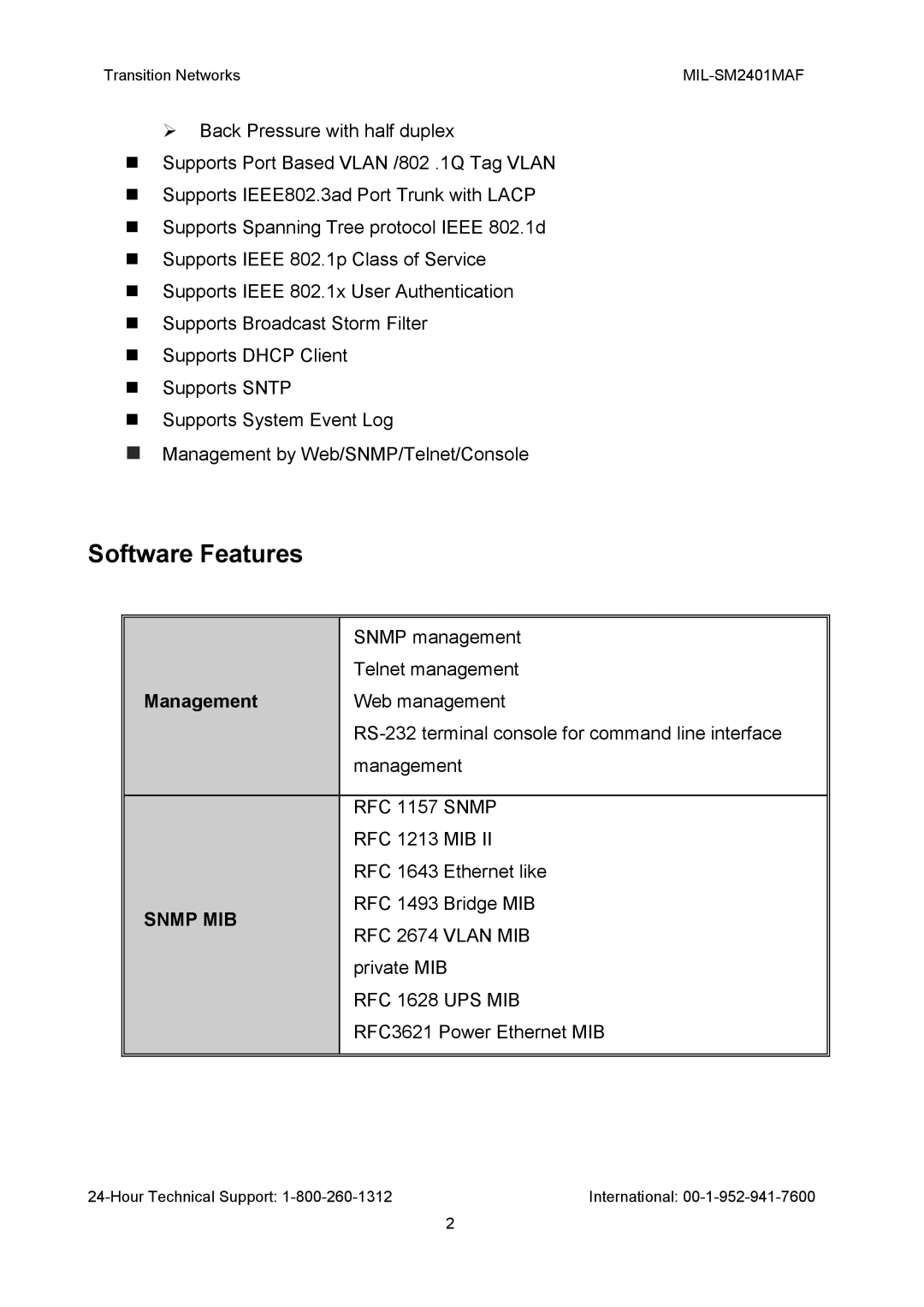 Transition Networks MIL-SM2401MAF manual Software Features, Management, Snmp MIB 