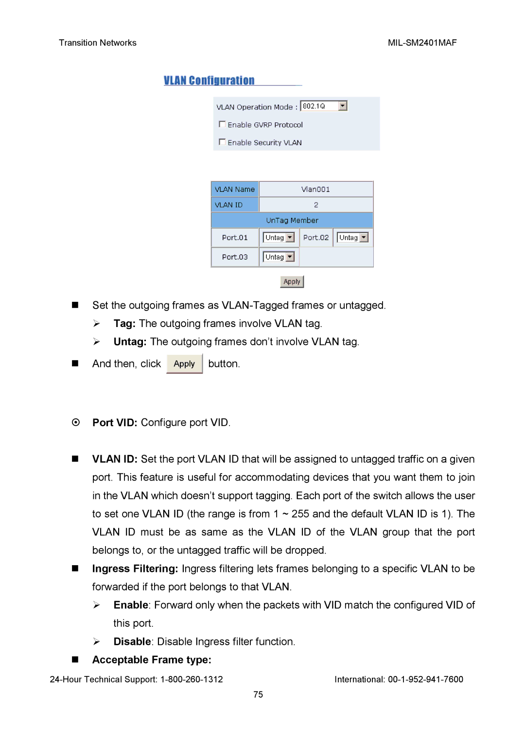 Transition Networks MIL-SM2401MAF manual Acceptable Frame type 