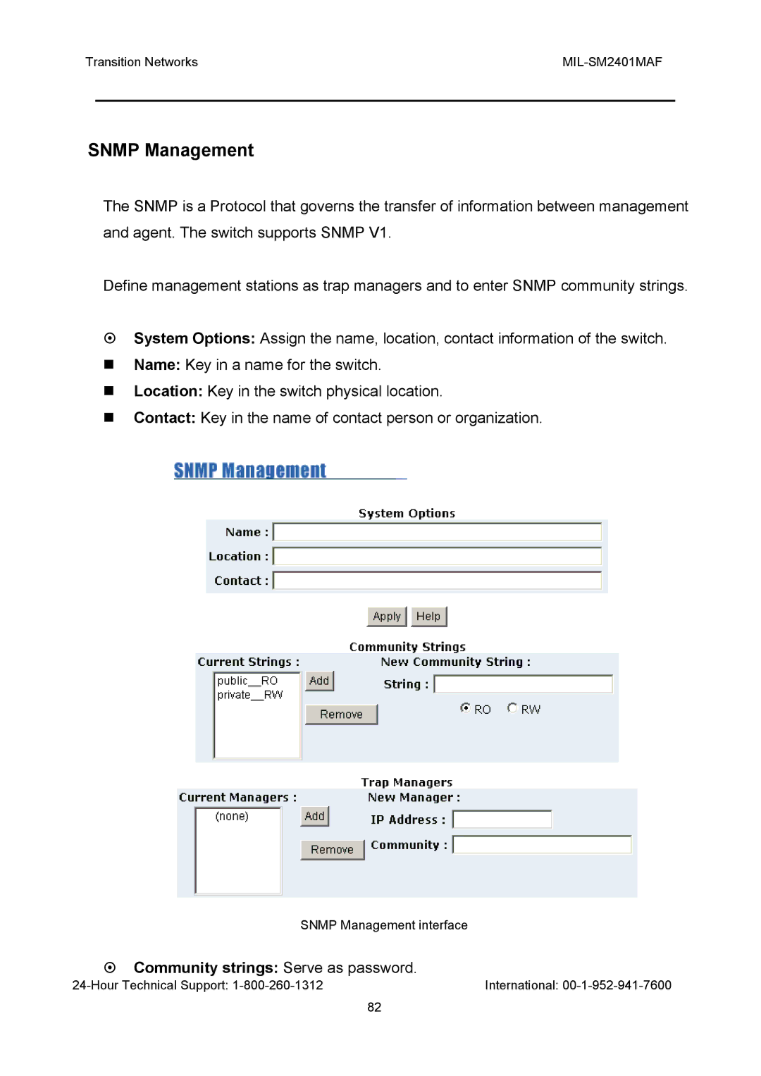 Transition Networks MIL-SM2401MAF manual Snmp Management, Community strings Serve as password 