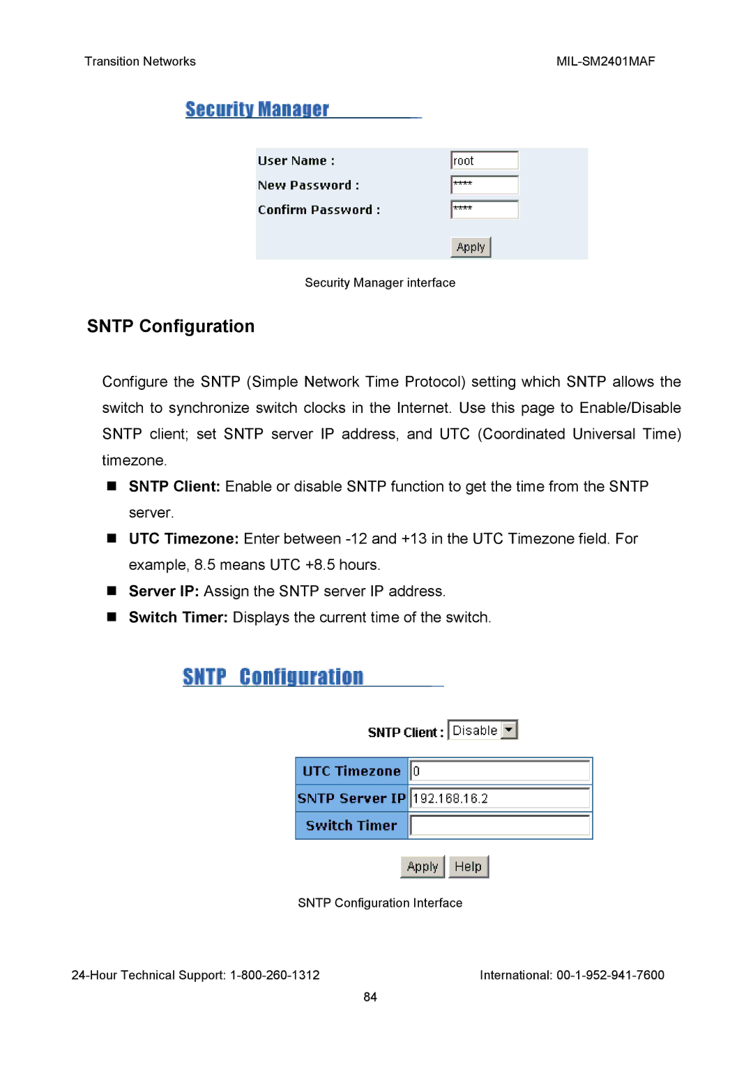 Transition Networks MIL-SM2401MAF manual Sntp Configuration 