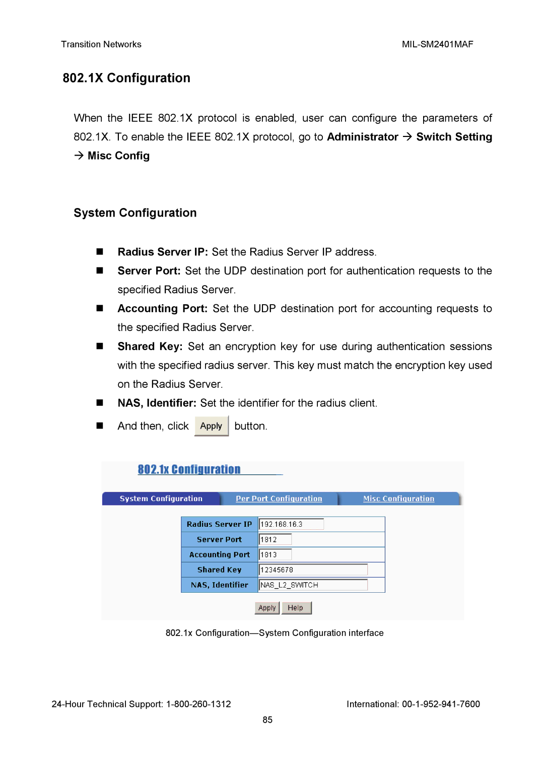 Transition Networks MIL-SM2401MAF manual 802.1X Configuration, Misc Config 