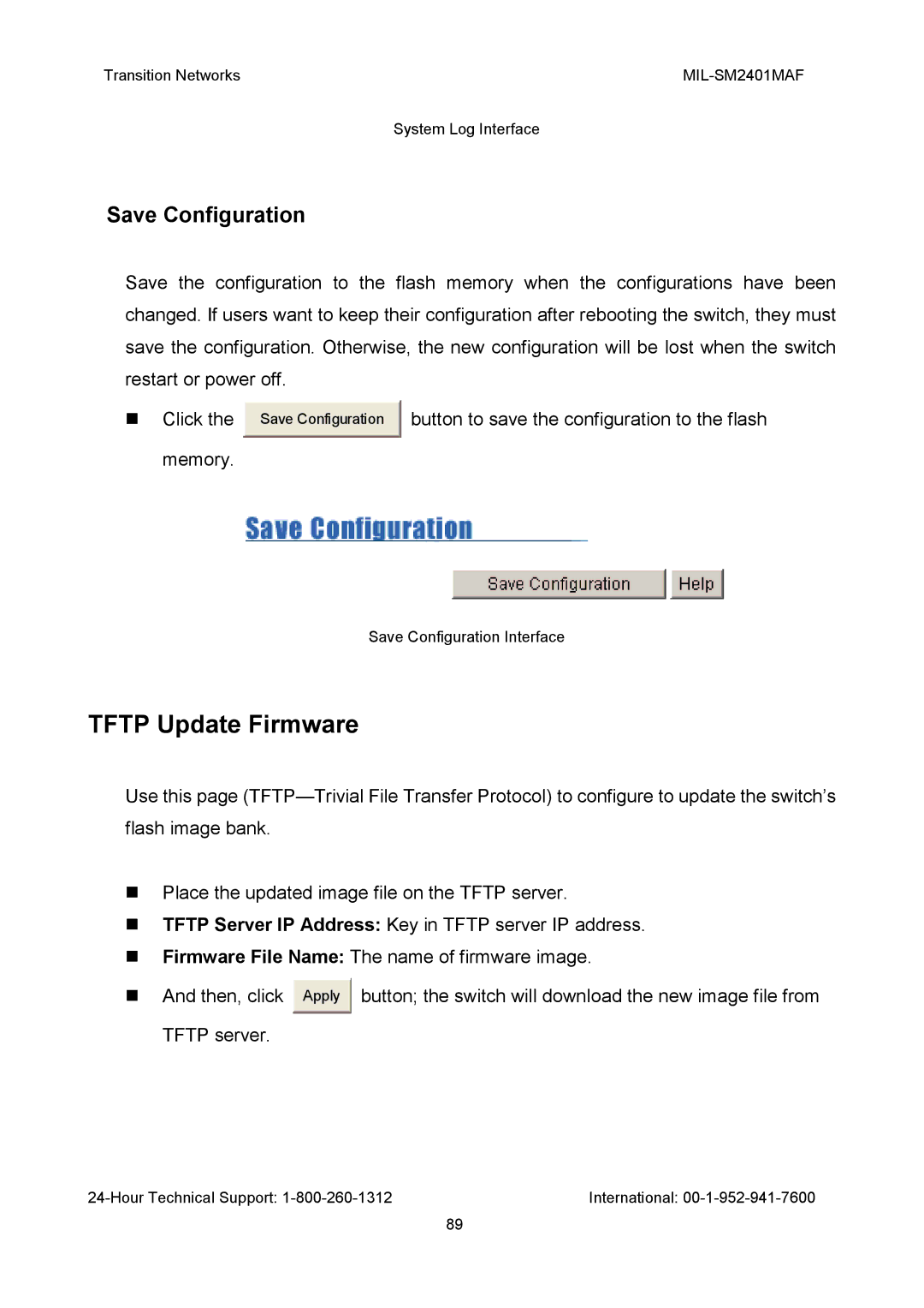 Transition Networks MIL-SM2401MAF manual Tftp Update Firmware, Save Configuration 