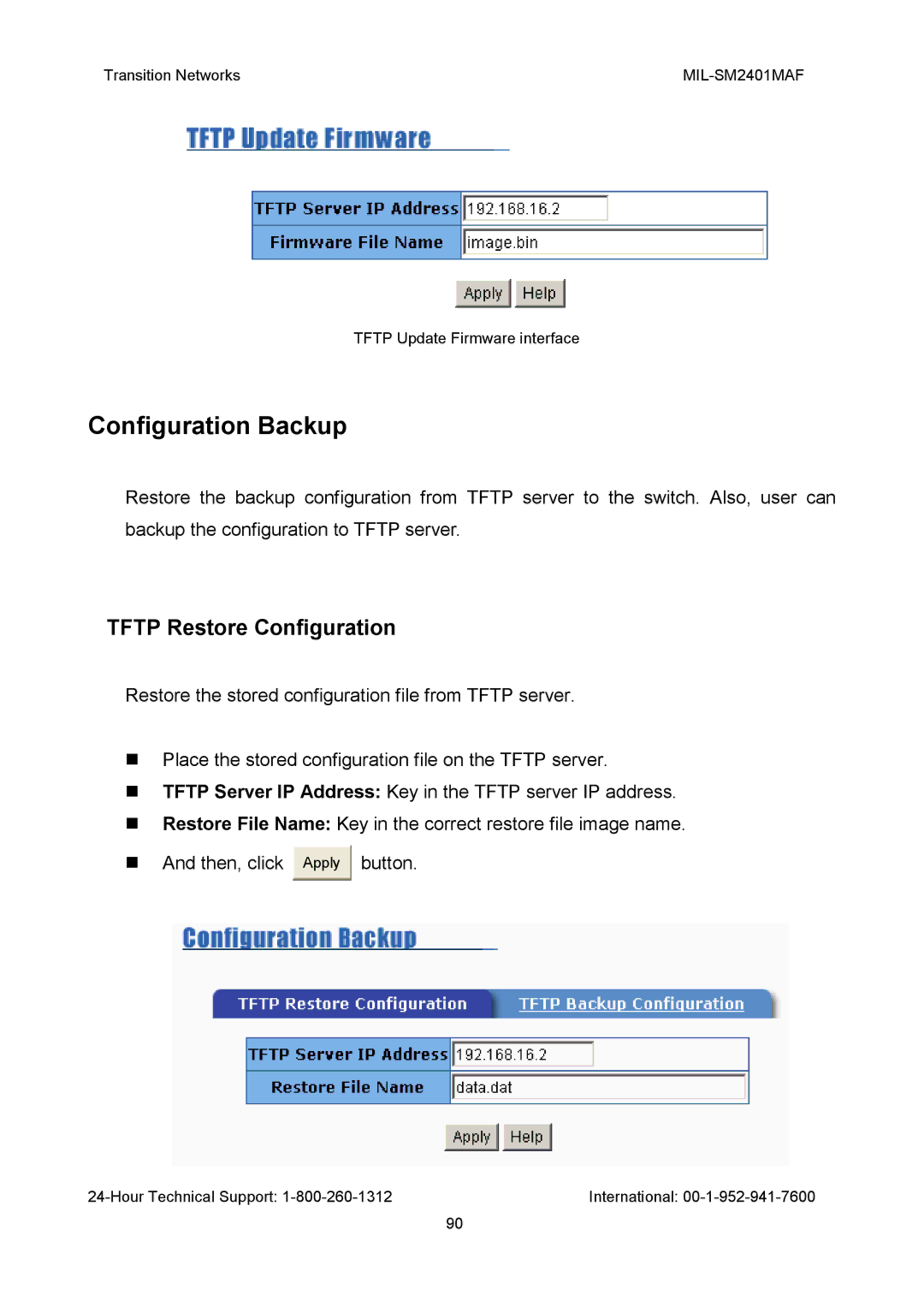 Transition Networks MIL-SM2401MAF manual Configuration Backup, Tftp Restore Configuration 