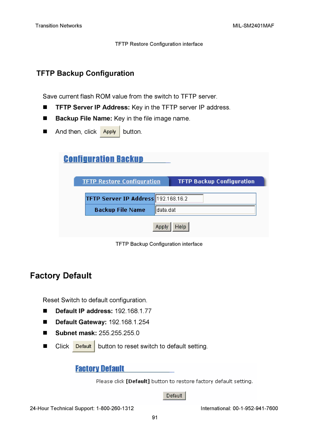 Transition Networks MIL-SM2401MAF manual Factory Default, Tftp Backup Configuration 