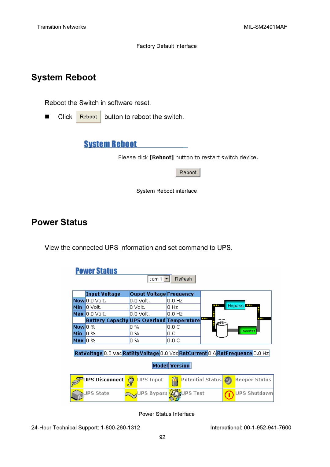 Transition Networks MIL-SM2401MAF manual System Reboot, Power Status 