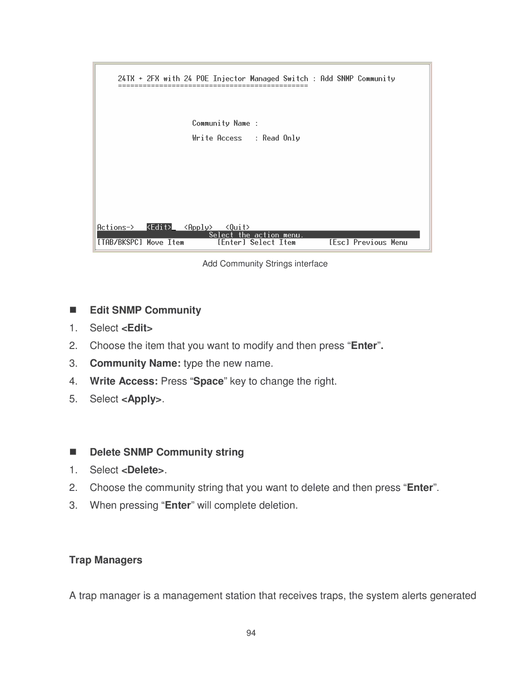 Transition Networks MIL-SM2401MAF manual Add Community Strings interface 