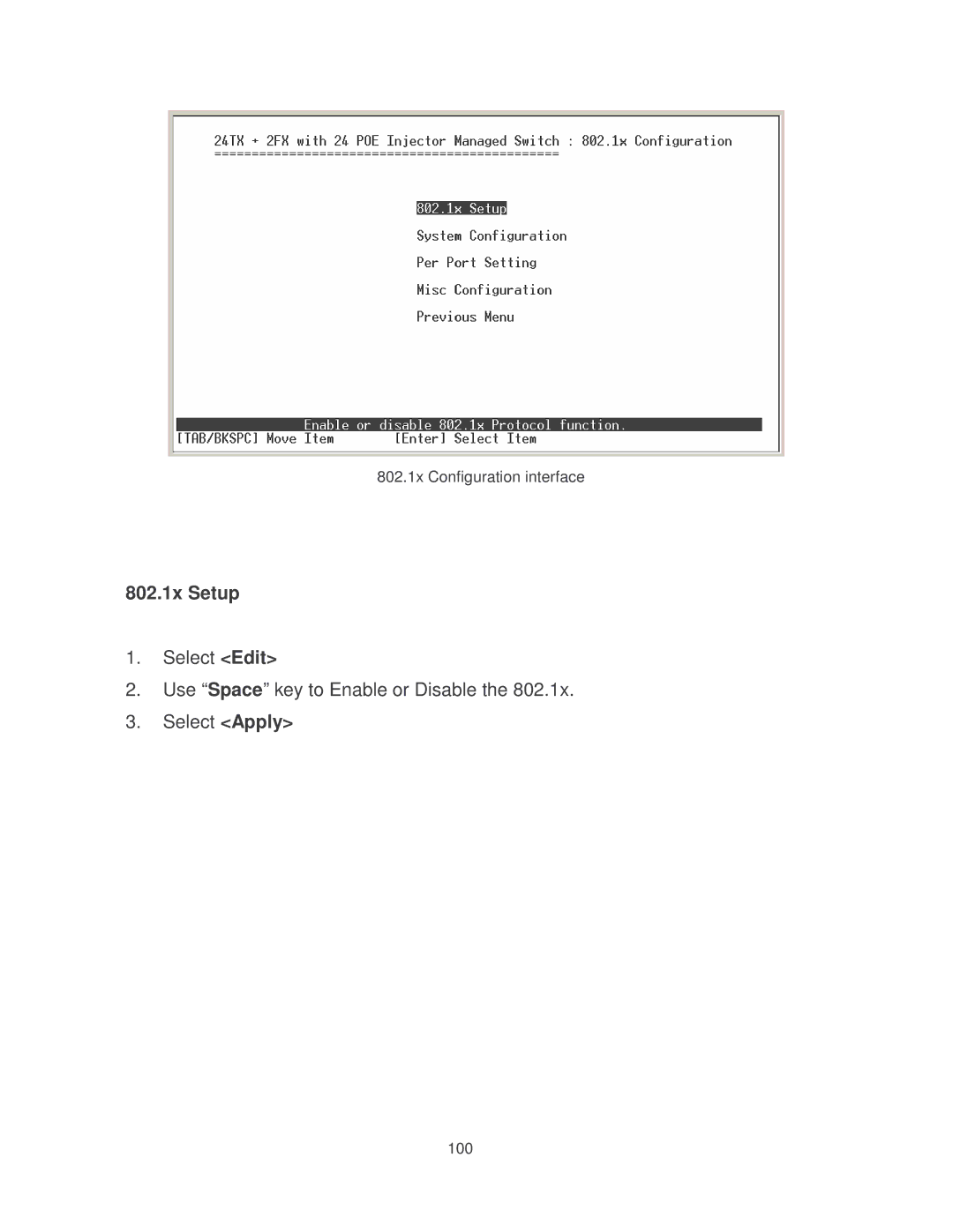 Transition Networks MIL-SM2401MAF manual 802.1x Configuration interface 