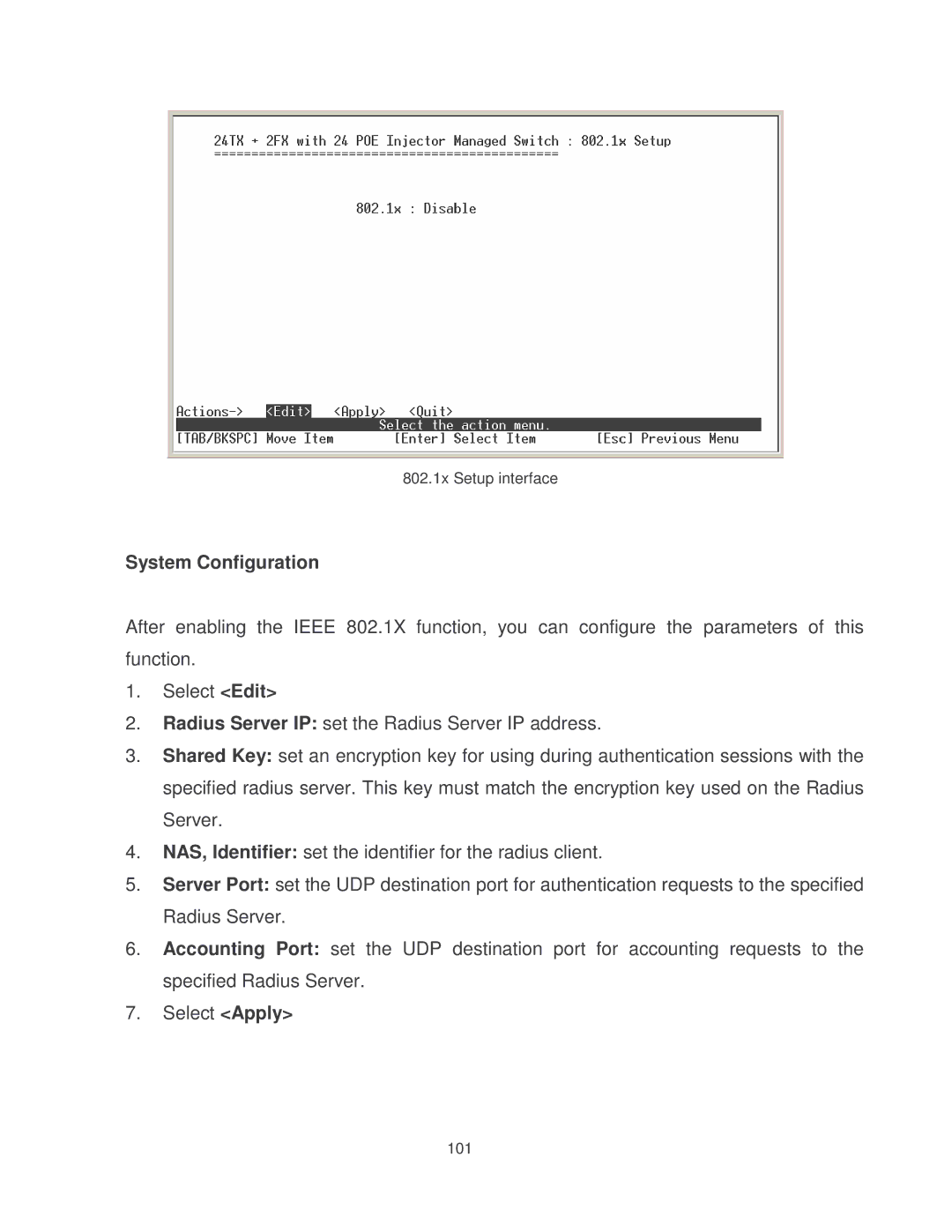 Transition Networks MIL-SM2401MAF manual 802.1x Setup interface 