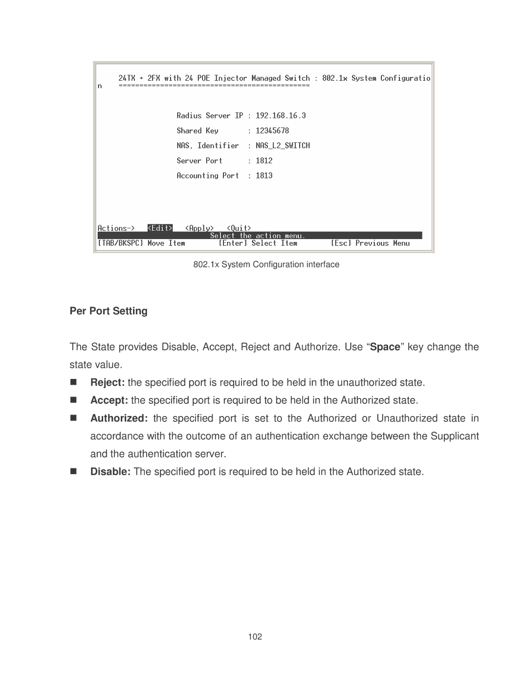 Transition Networks MIL-SM2401MAF manual 802.1x System Configuration interface 