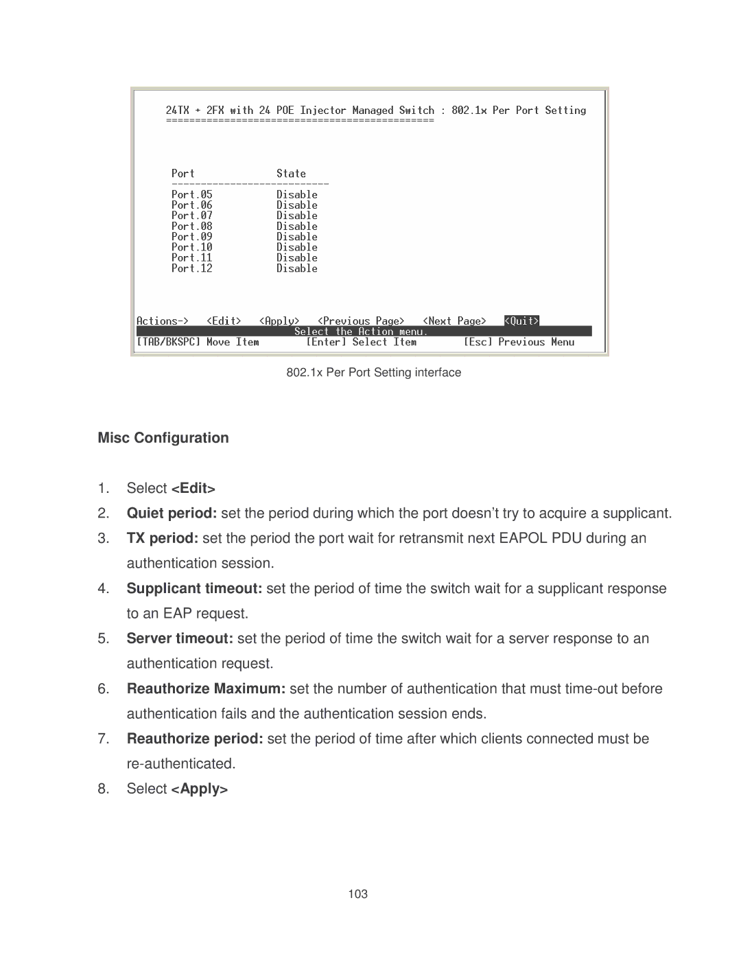 Transition Networks MIL-SM2401MAF manual 802.1x Per Port Setting interface 