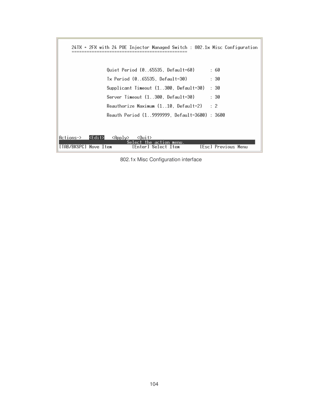 Transition Networks MIL-SM2401MAF manual 802.1x Misc Configuration interface 104 