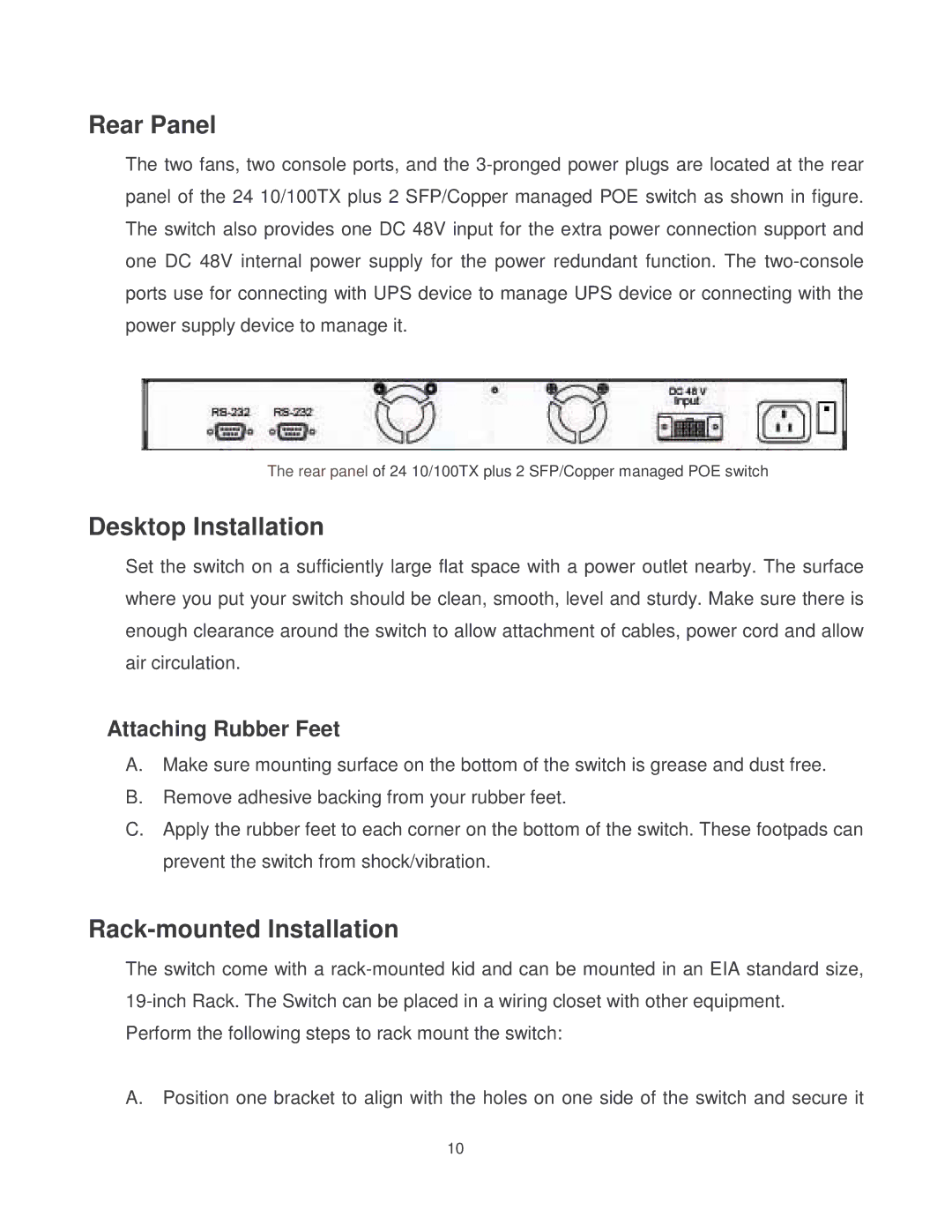 Transition Networks MIL-SM2401MAF manual Rear Panel, Desktop Installation, Rack-mounted Installation, Attaching Rubber Feet 