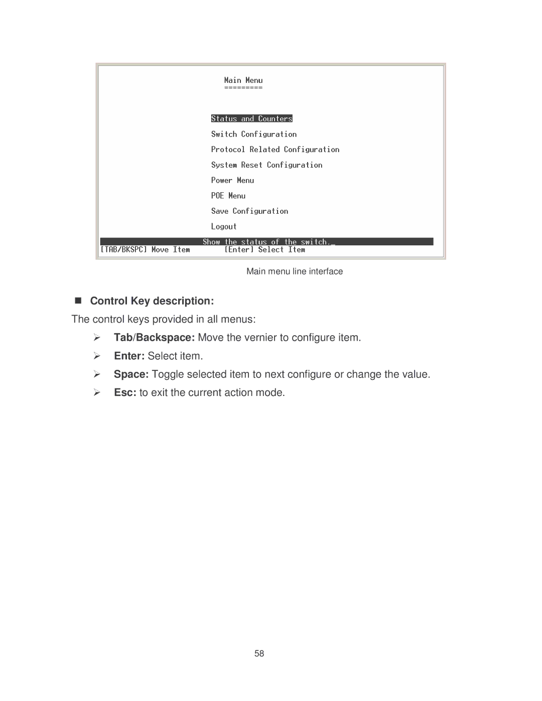 Transition Networks MIL-SM2401MAF manual Main menu line interface 