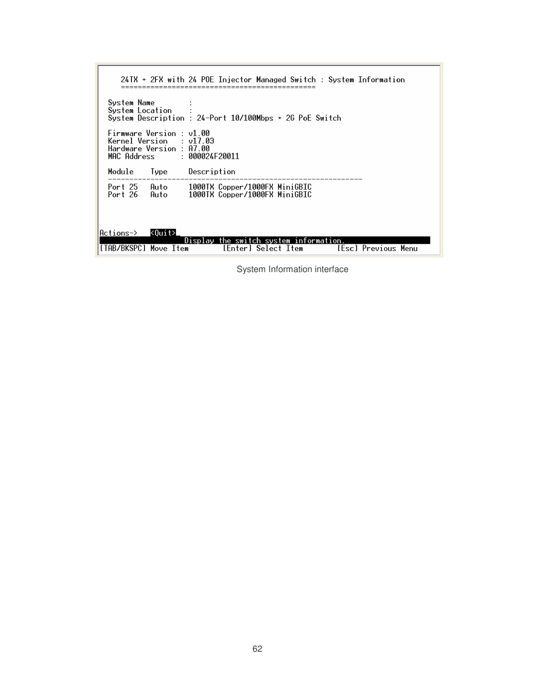 Transition Networks MIL-SM2401MAF manual System Information interface 