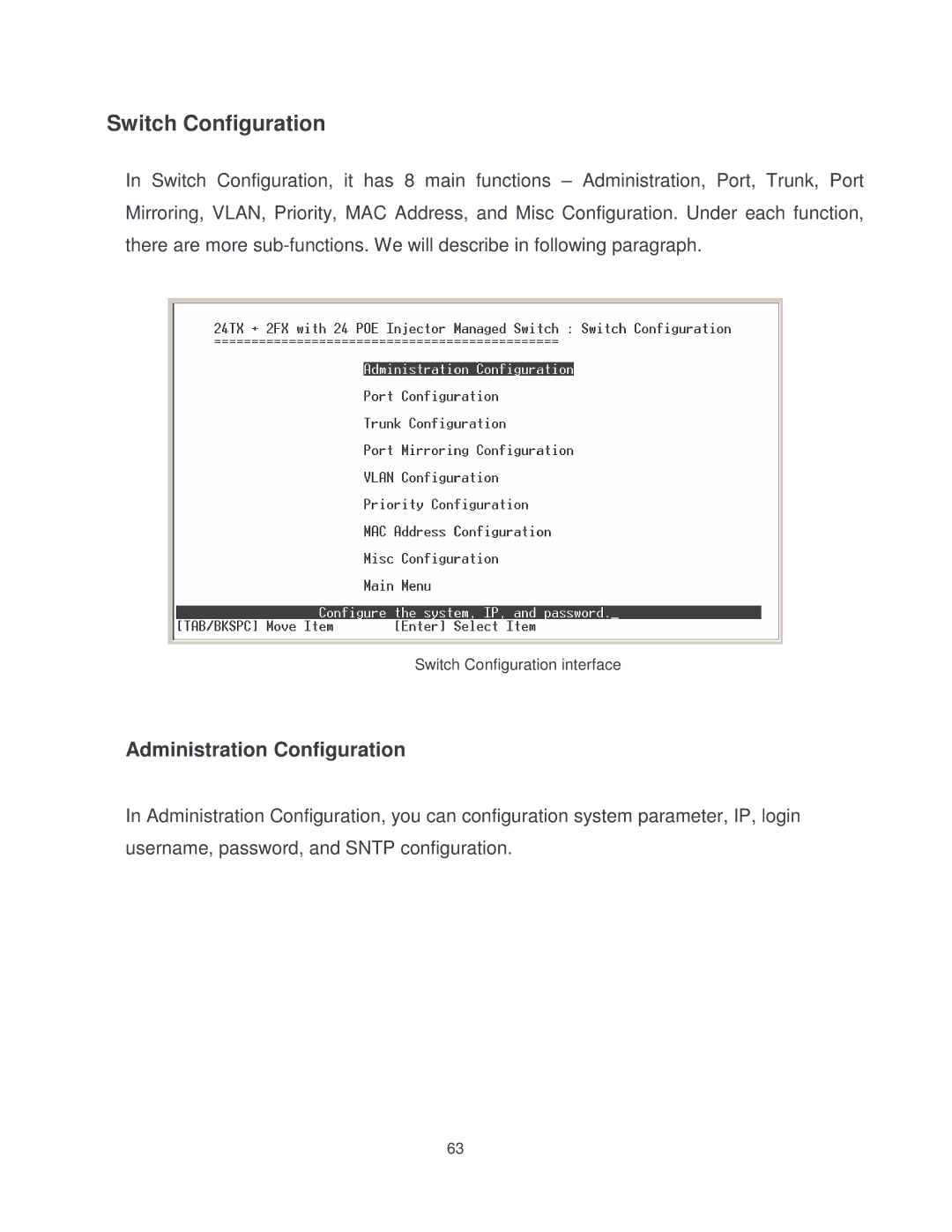 Transition Networks MIL-SM2401MAF manual Switch Configuration, Administration Configuration 