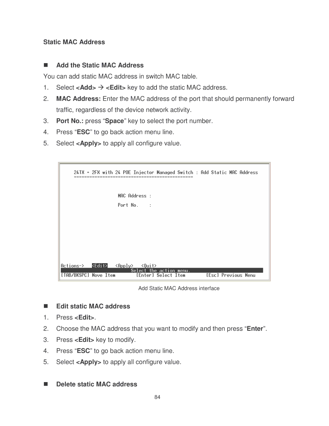 Transition Networks MIL-SM2401MAF manual Add Static MAC Address interface 