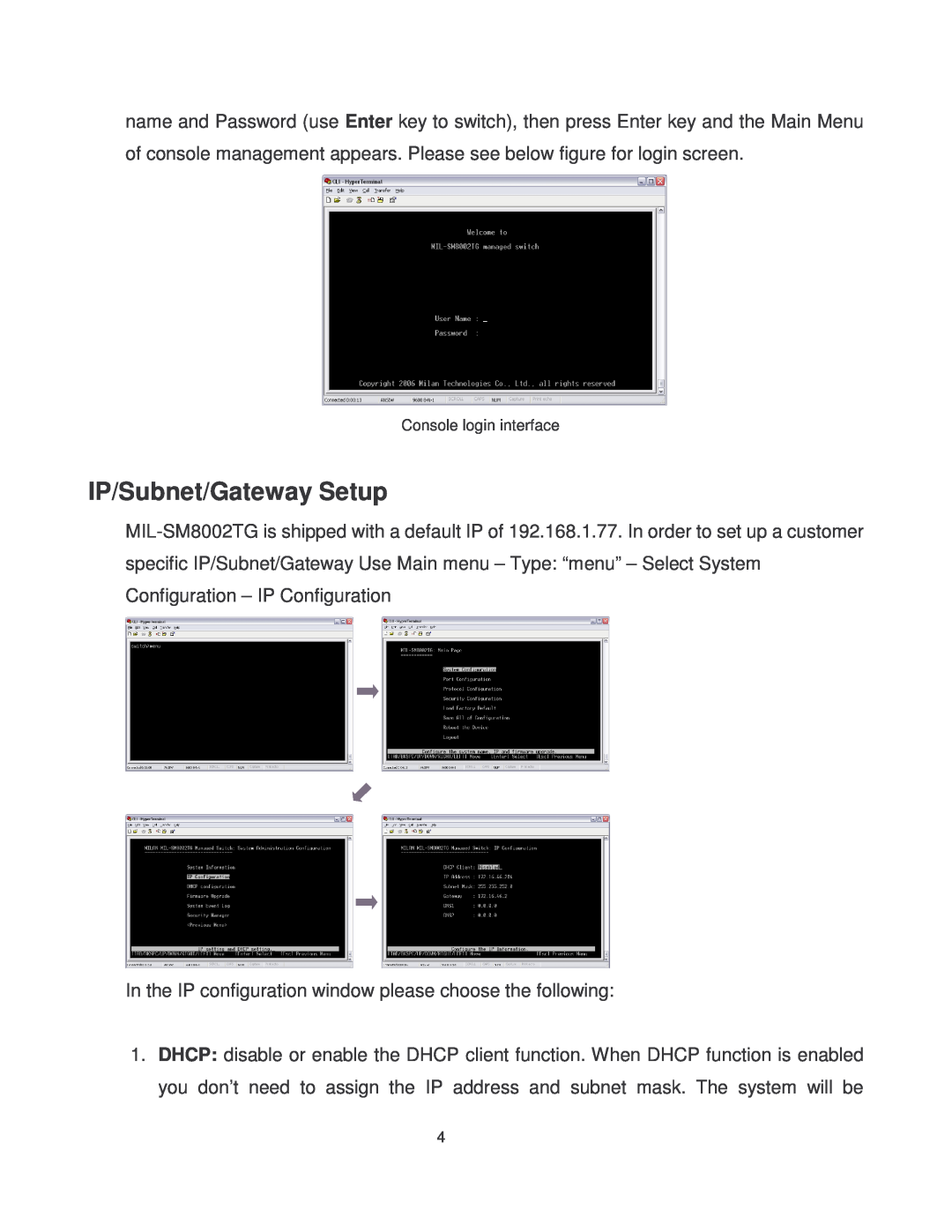 Transition Networks MIL-SM8002TG manual IP/Subnet/Gateway Setup 