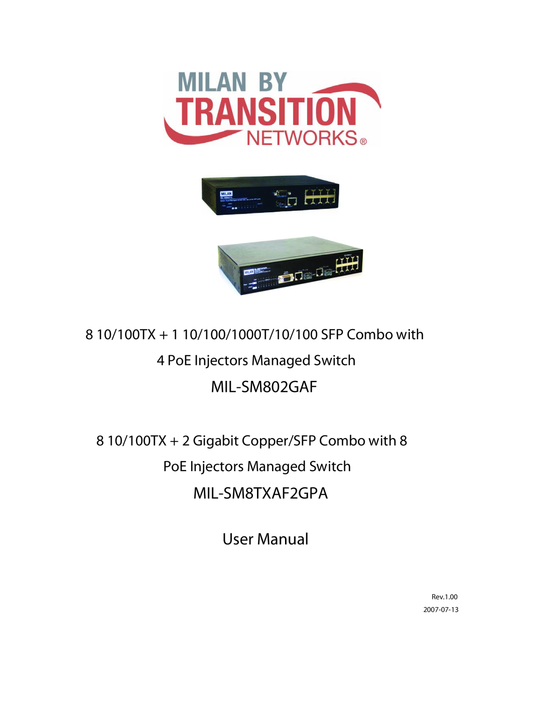 Transition Networks user manual MIL-SM802GAF, MIL-SM8TXAF2GPA User Manual, PoE Injectors Managed Switch, Rev.1.00 