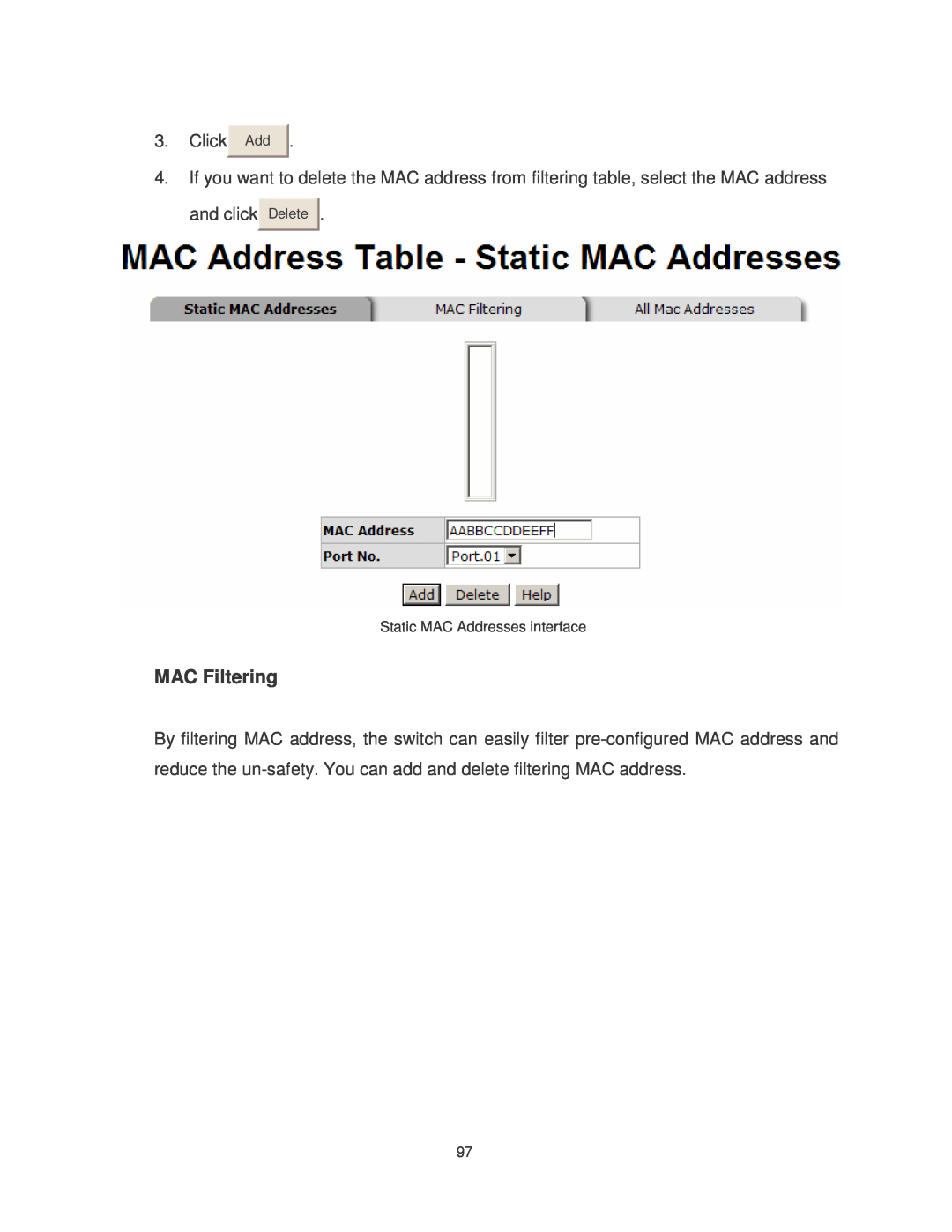 Transition Networks MIL-SM802GAF, MIL-SM8TXAF2GPA MAC Filtering, Click, and click, Delete, Static MAC Addresses interface 