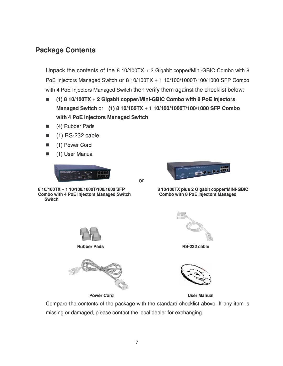 Transition Networks MIL-SM802GAF, MIL-SM8TXAF2GPA user manual Package Contents, 1 RS-232 cable 