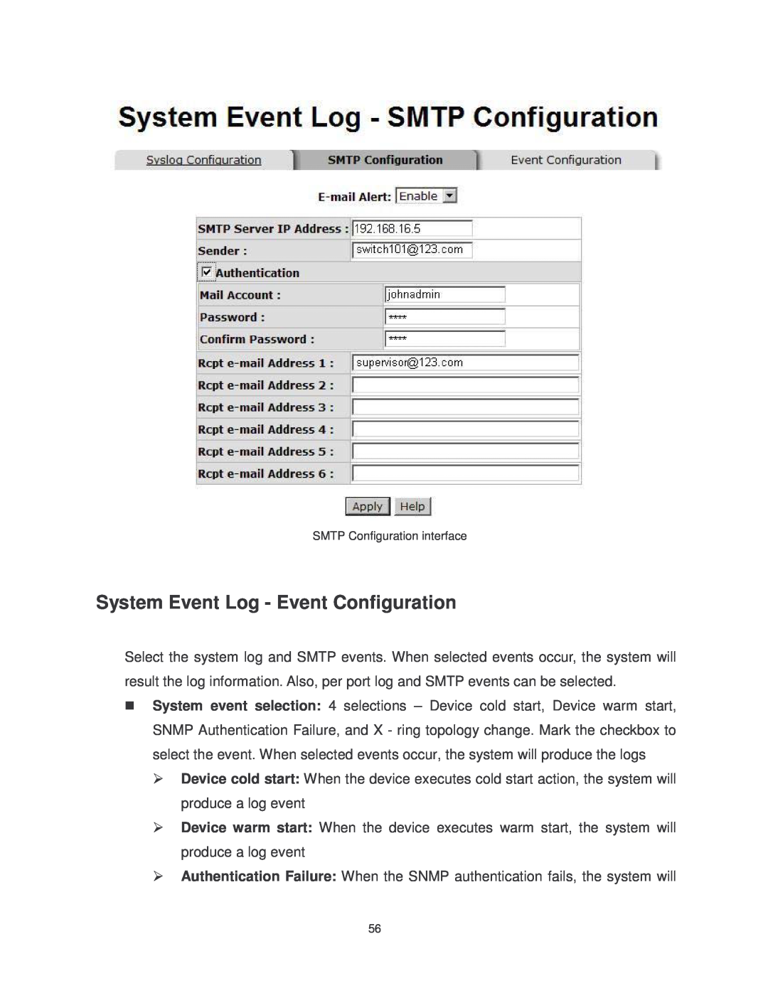 Transition Networks MIL-SM802GAF, MIL-SM8TXAF2GPA System Event Log - Event Configuration, SMTP Configuration interface 