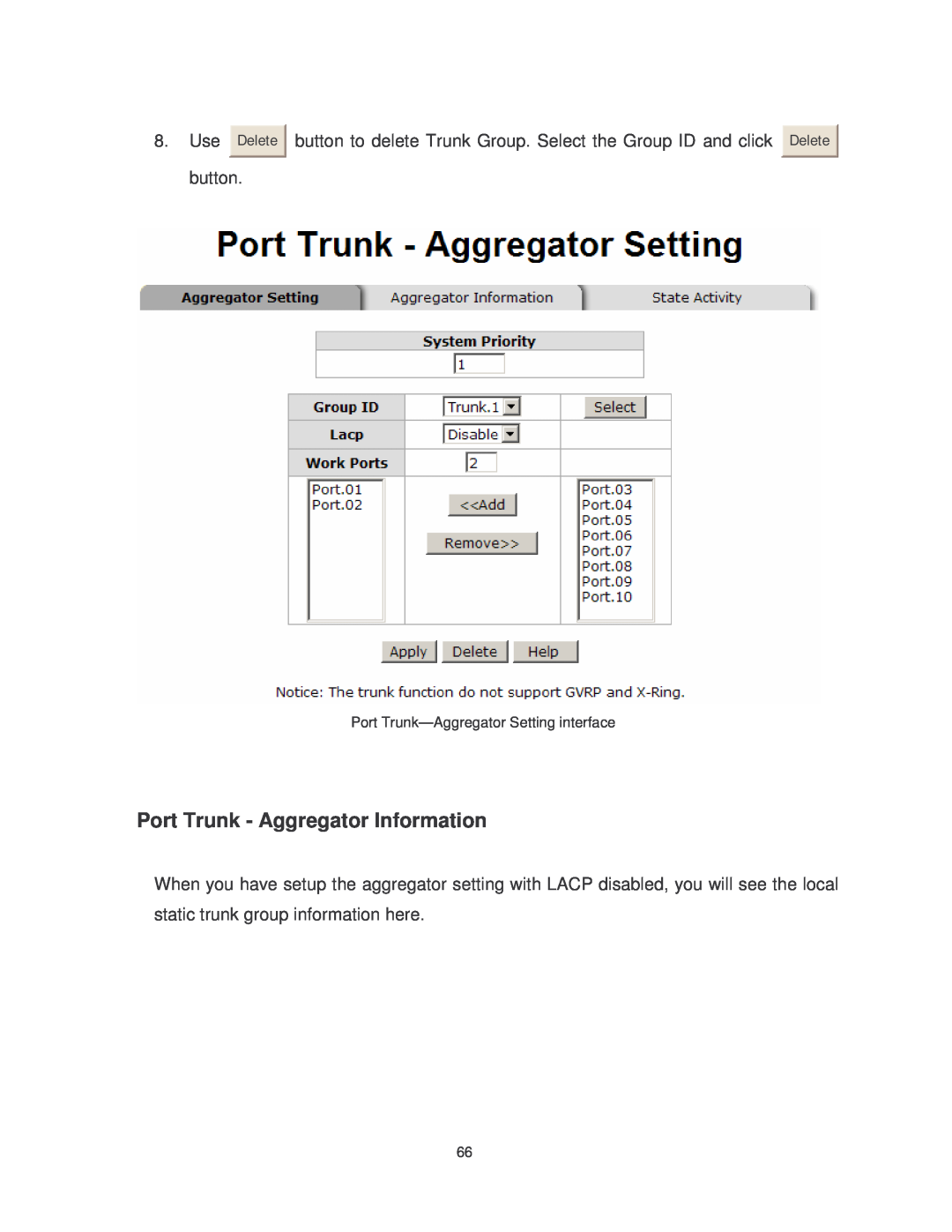 Transition Networks MIL-SM8TXAF2GPA Port Trunk - Aggregator Information, Port Trunk-Aggregator Setting interface, Delete 