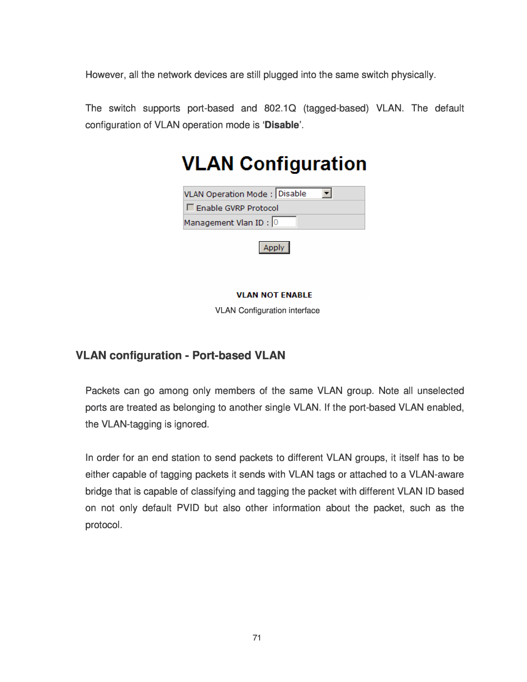 Transition Networks MIL-SM802GAF, MIL-SM8TXAF2GPA VLAN configuration - Port-based VLAN, VLAN Configuration interface 