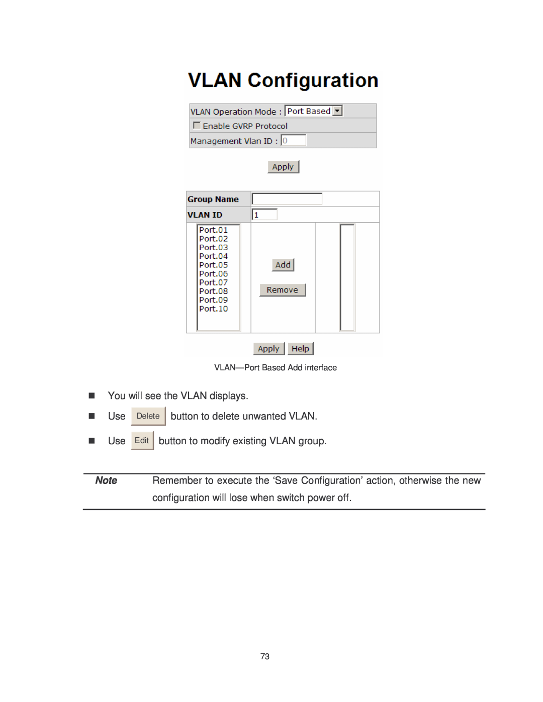 Transition Networks MIL-SM802GAF You will see the VLAN displays, Use Delete button to delete unwanted VLAN, Edit 