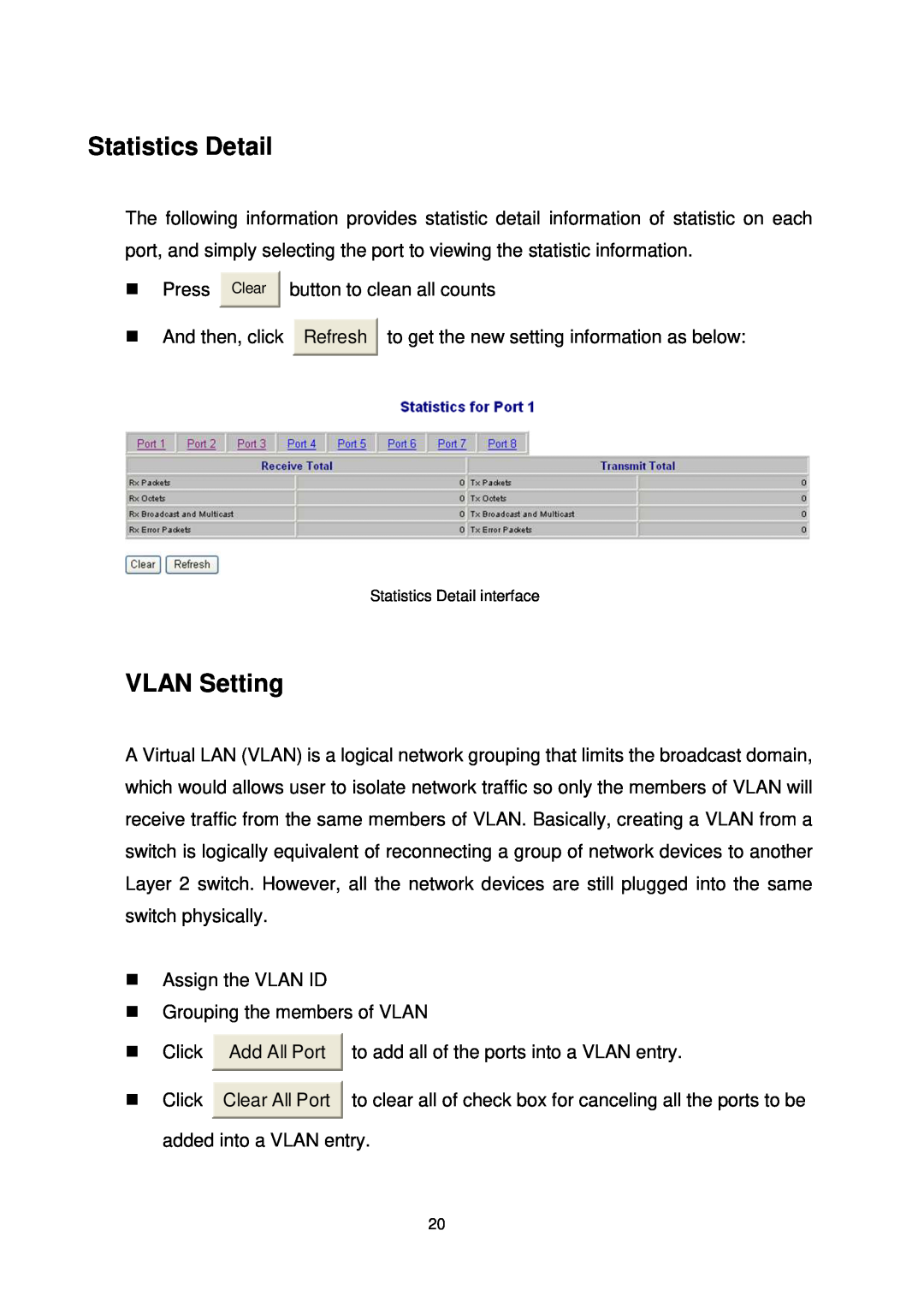 Transition Networks MIL-SW8T1GPA manual Statistics Detail, VLAN Setting 